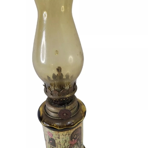 Vintage Amber Glass Hurricane Oil Lamp Hong Kong Religious Scene Paper 9¼"H - Picture 4 of 12